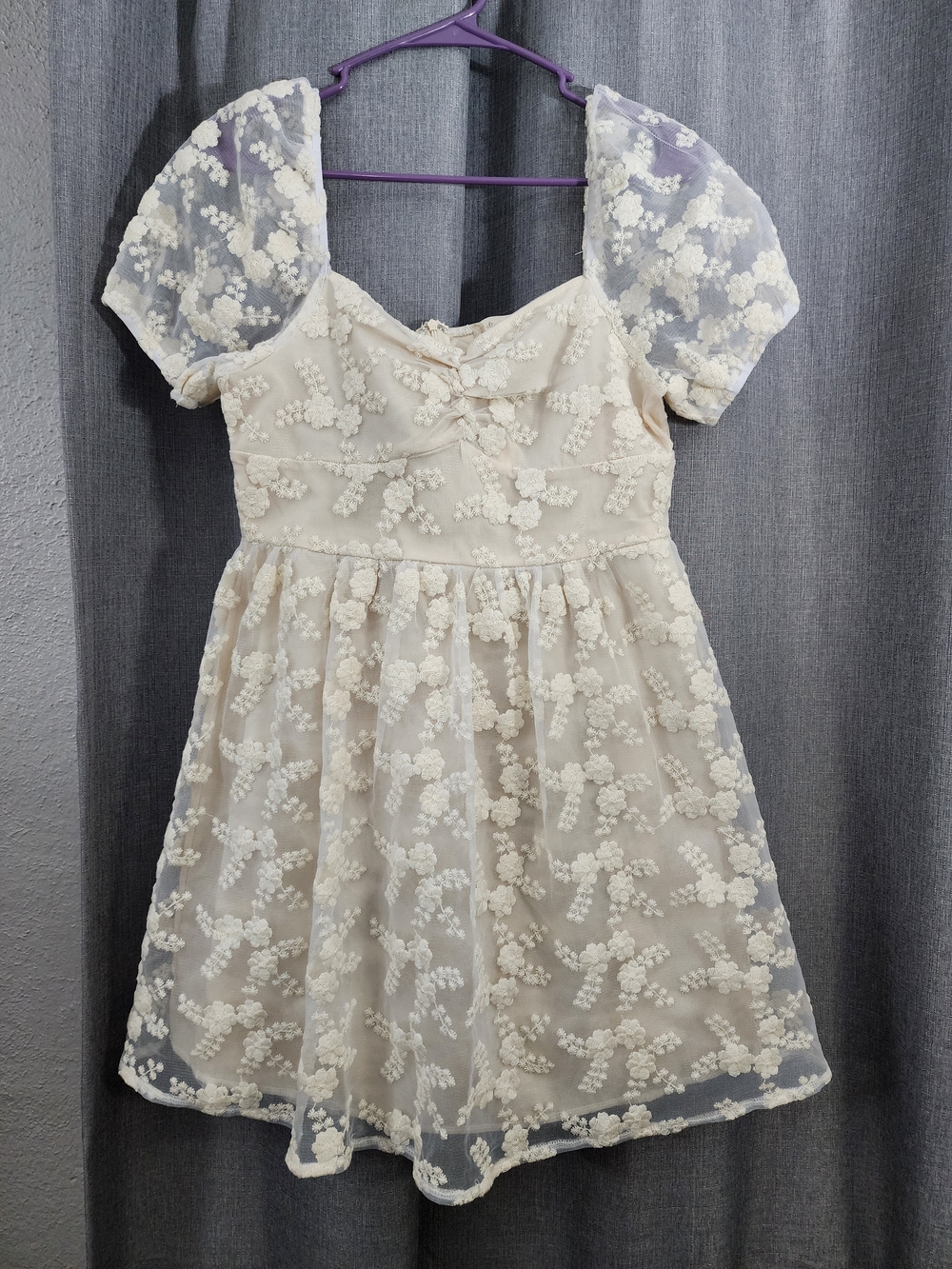 NWT Altar'd State Cream Embroidered Lace Puff Sleeve Mini Dress